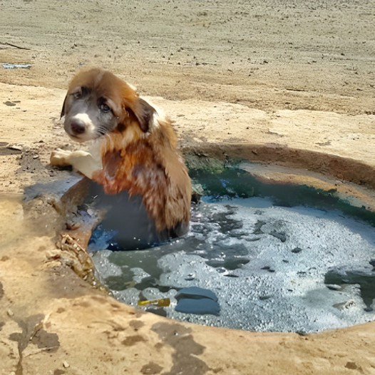 A helpless puppy stuck in a gutter cries for help, but no one comes to his rescue.